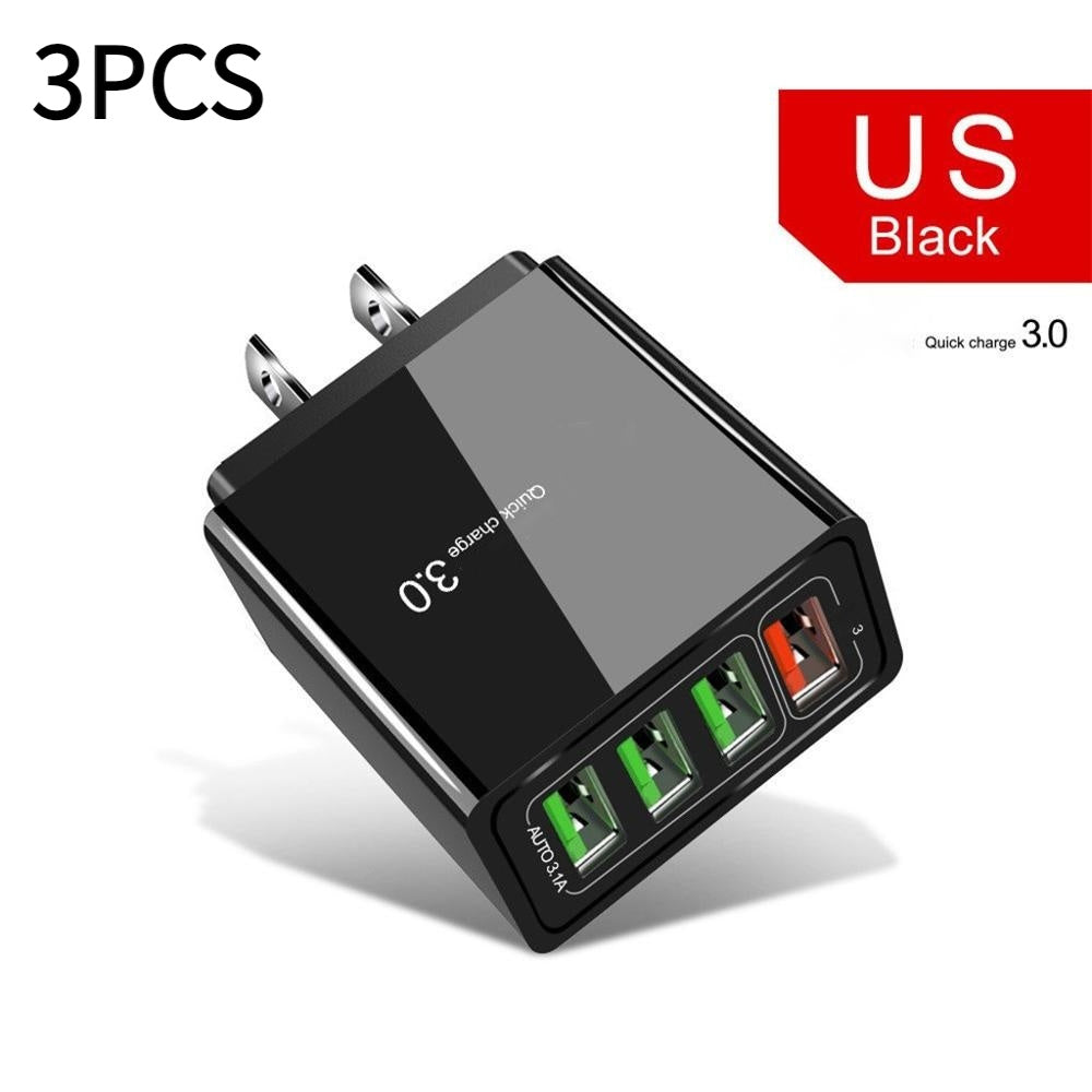 Black USB charger with multiple ports on a white background
