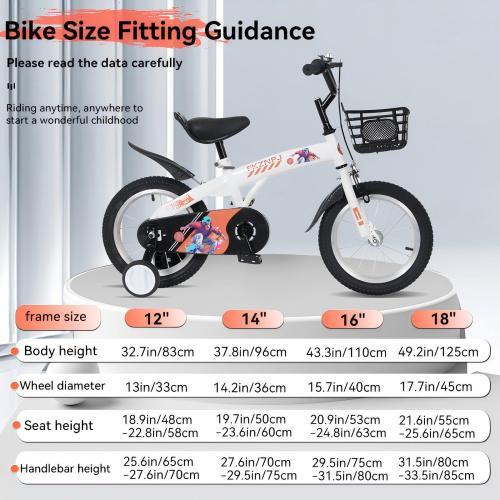 Children's bike with size guidance chart on a light gray background