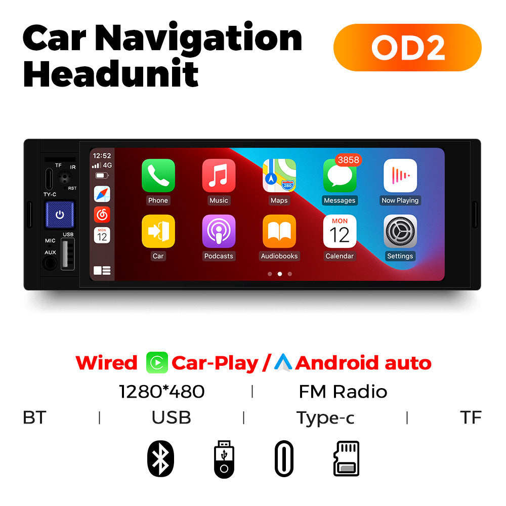 Car navigation headunit with colorful display and various connectivity options on a white background.