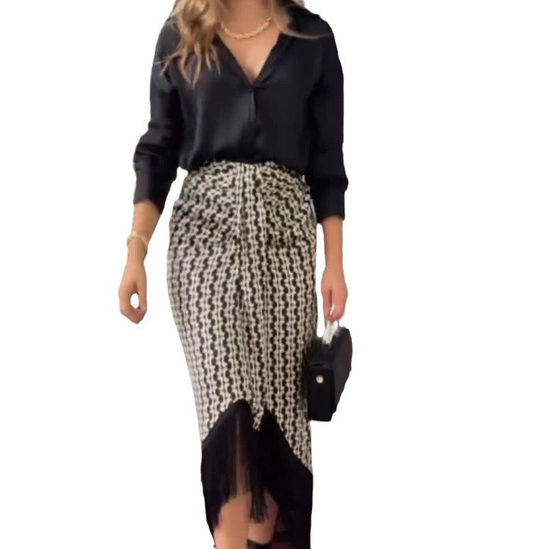 Solid Color Temperament Shirt Top High Waist Skirt Two-piece Set For Women