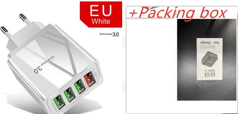 White USB charger with three ports and a packaging box on a white background