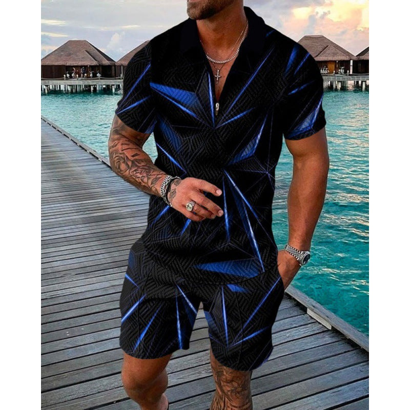 Men's Casual Striped Zip Short Sleeve Suit