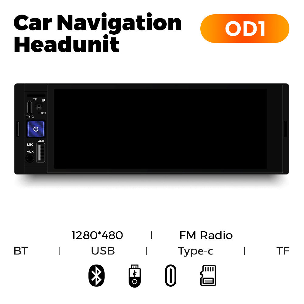 Car navigation headunit with features listed on a white background