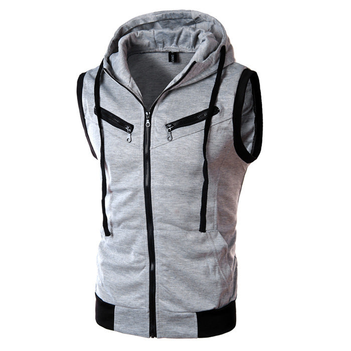Summer New Men Hooded Sleeveless Vest Solid Color