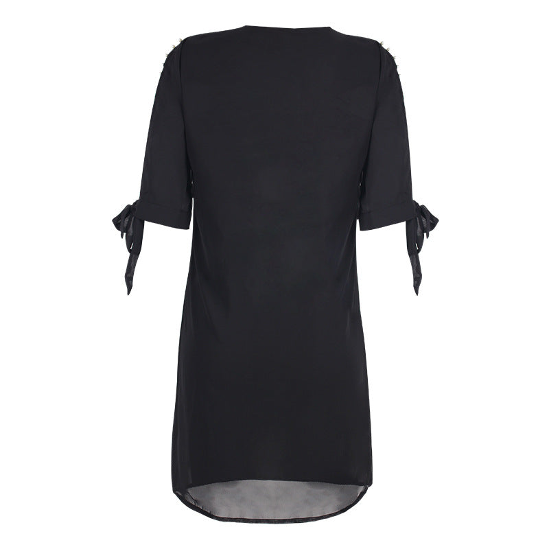 Solid Color Off-the-shoulder V-neck Beaded Short Sleeve Loose Dress