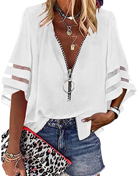V-neck Zipper Shirt Half Bell Sleeve Mesh Stitching Shirt