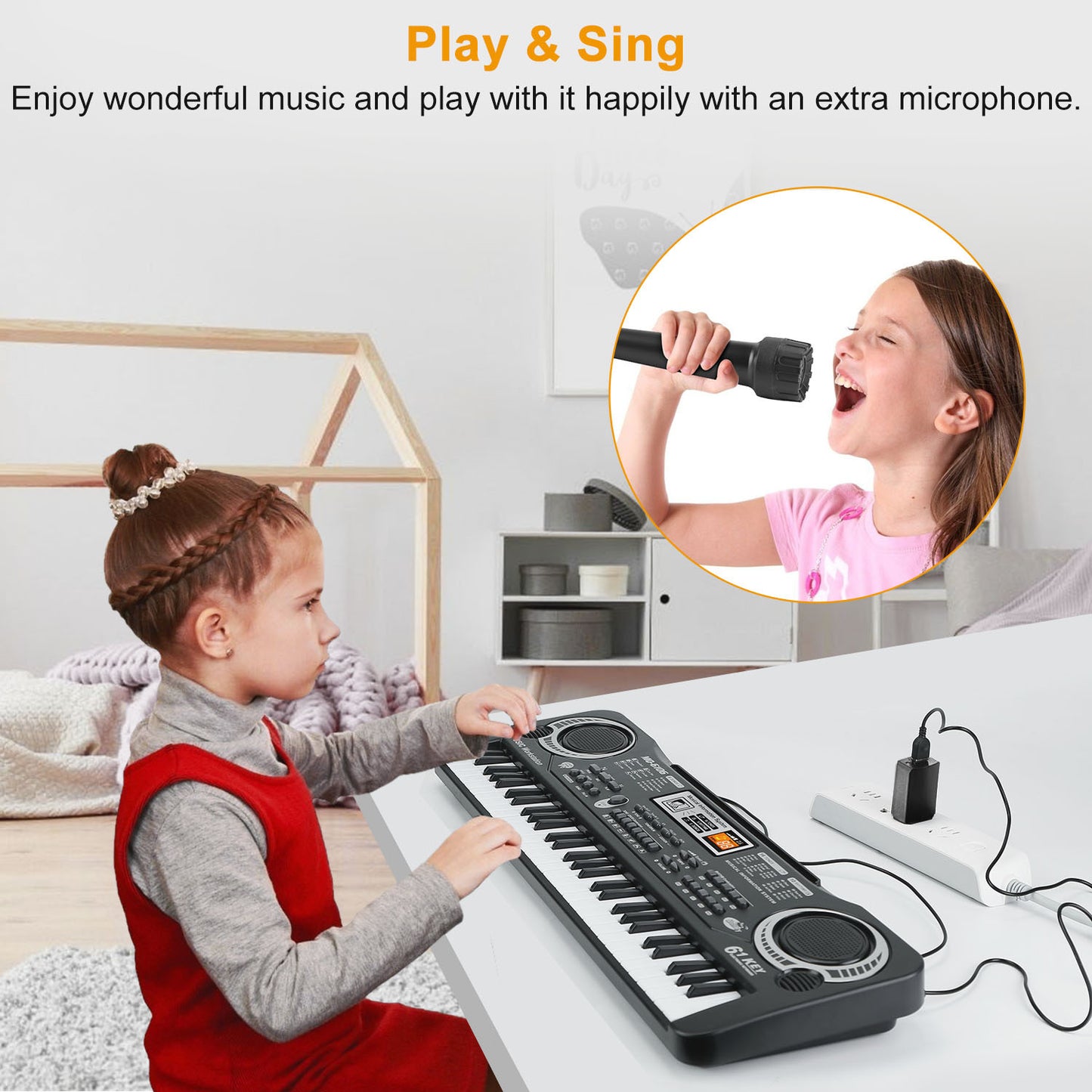 Child playing a keyboard with an inset of a child singing into a microphone, set against a white wall.