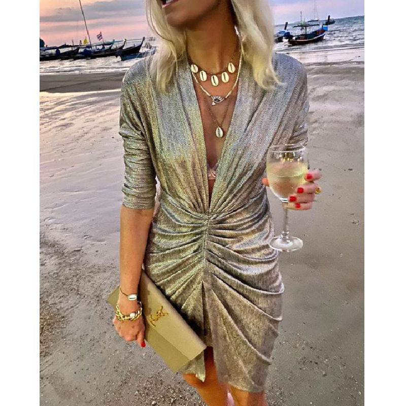 Stretch Long Sleeve V-neck Nightclub Dress Women's Clothing