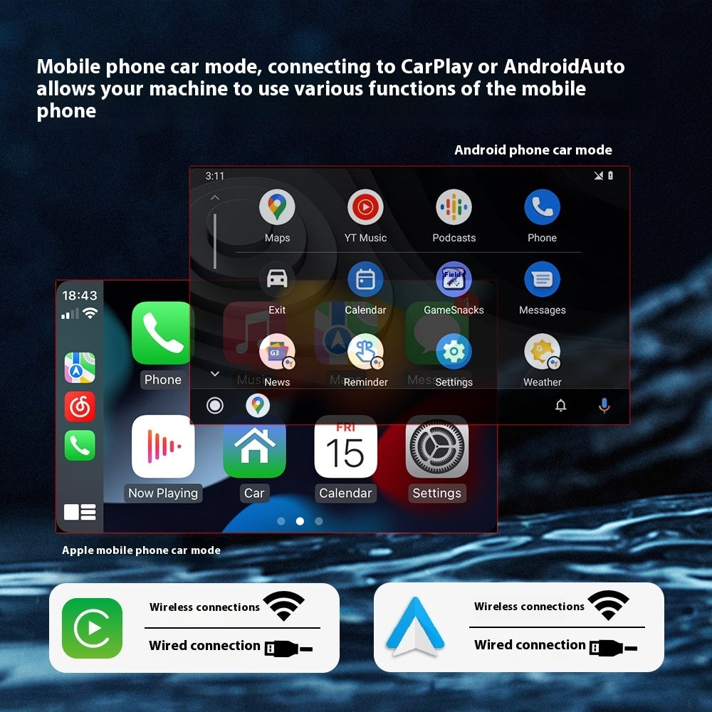 Car infotainment system with smartphone connectivity options on a dark background