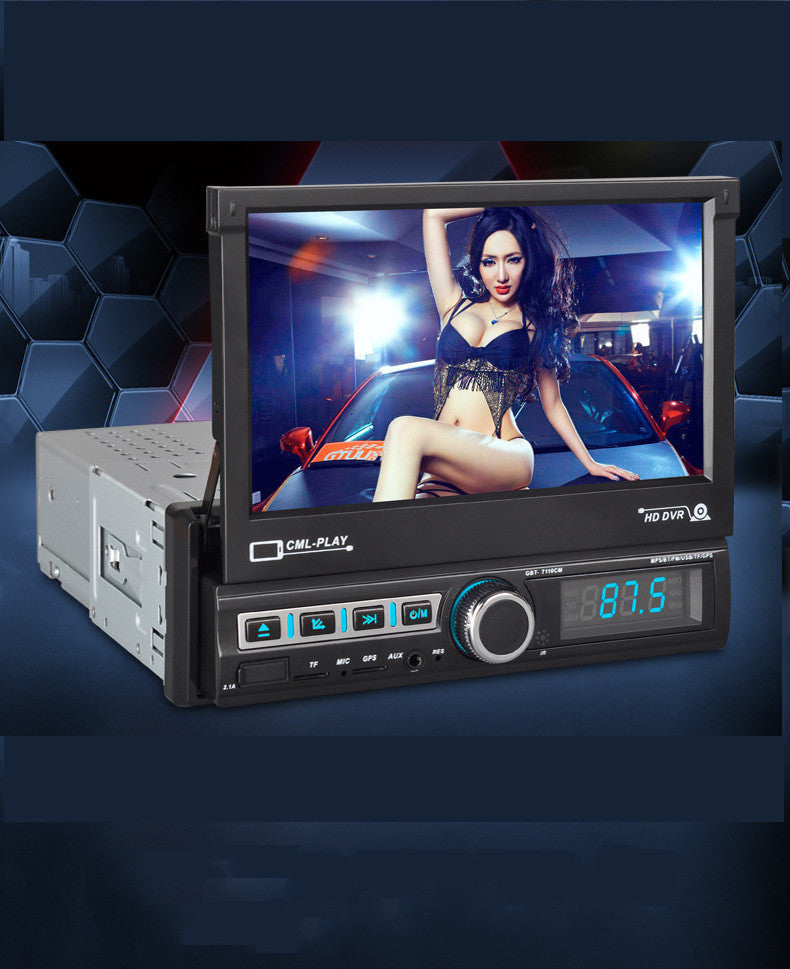 Car multimedia player with a screen displaying a woman in a car, on a dark blue background.