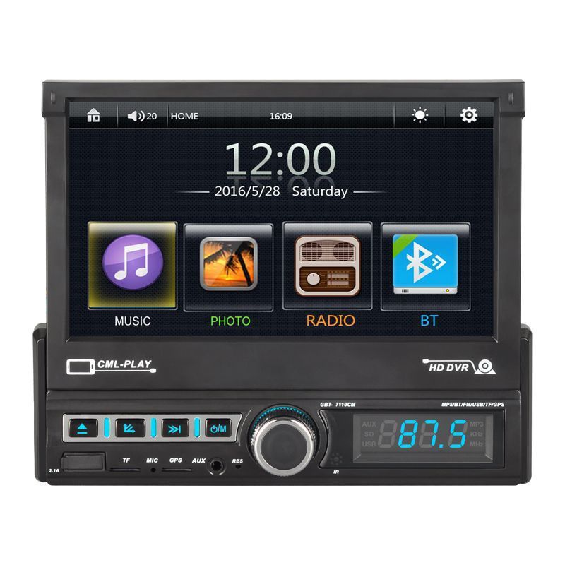 Car multimedia system with touchscreen display on a white background