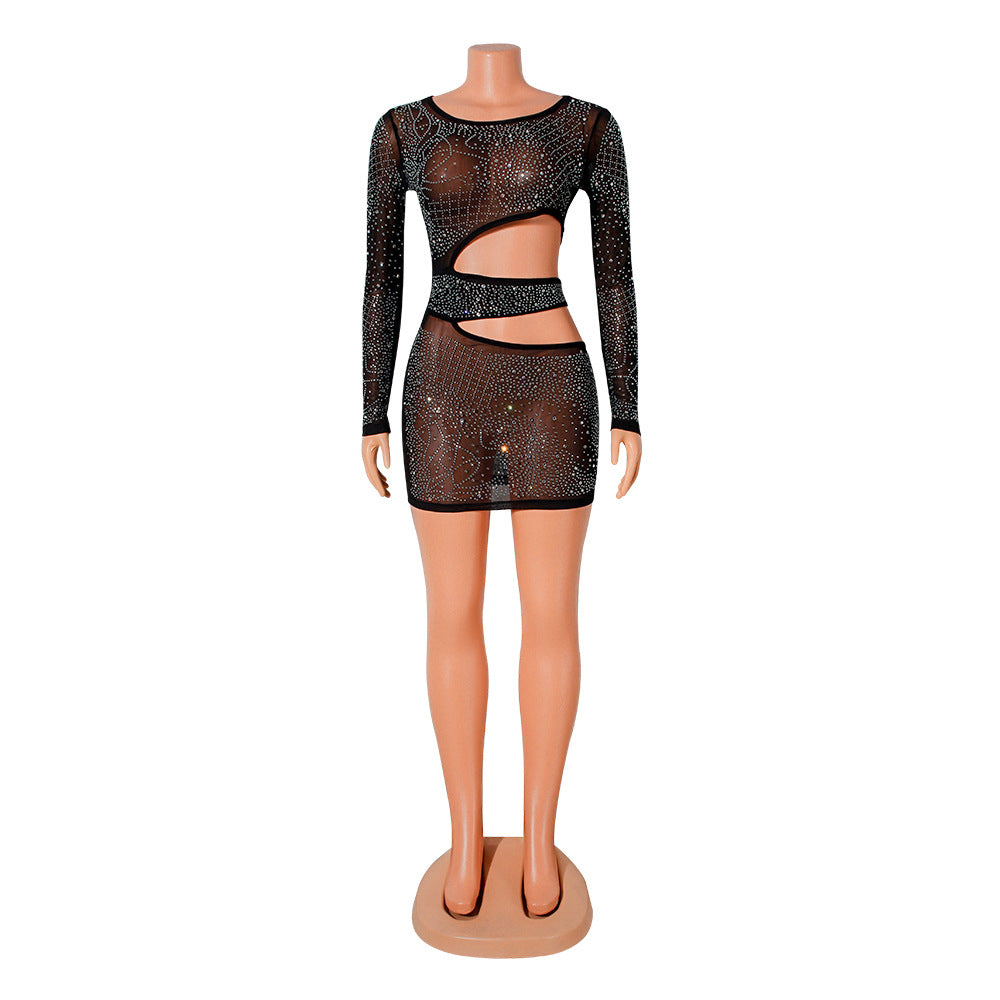 Women's Clothing Fashion Mesh Hot Drilling Hollow Dress