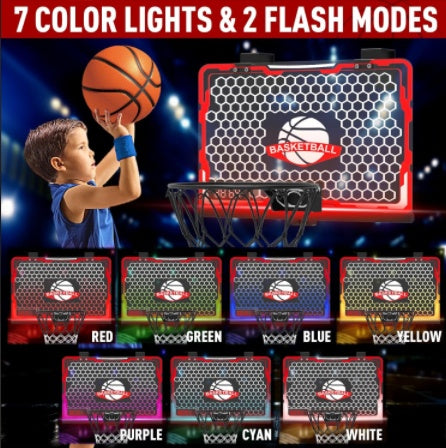 Basketball hoop with LED light display showing 7 color lights and 2 flash modes, child holding a basketball.