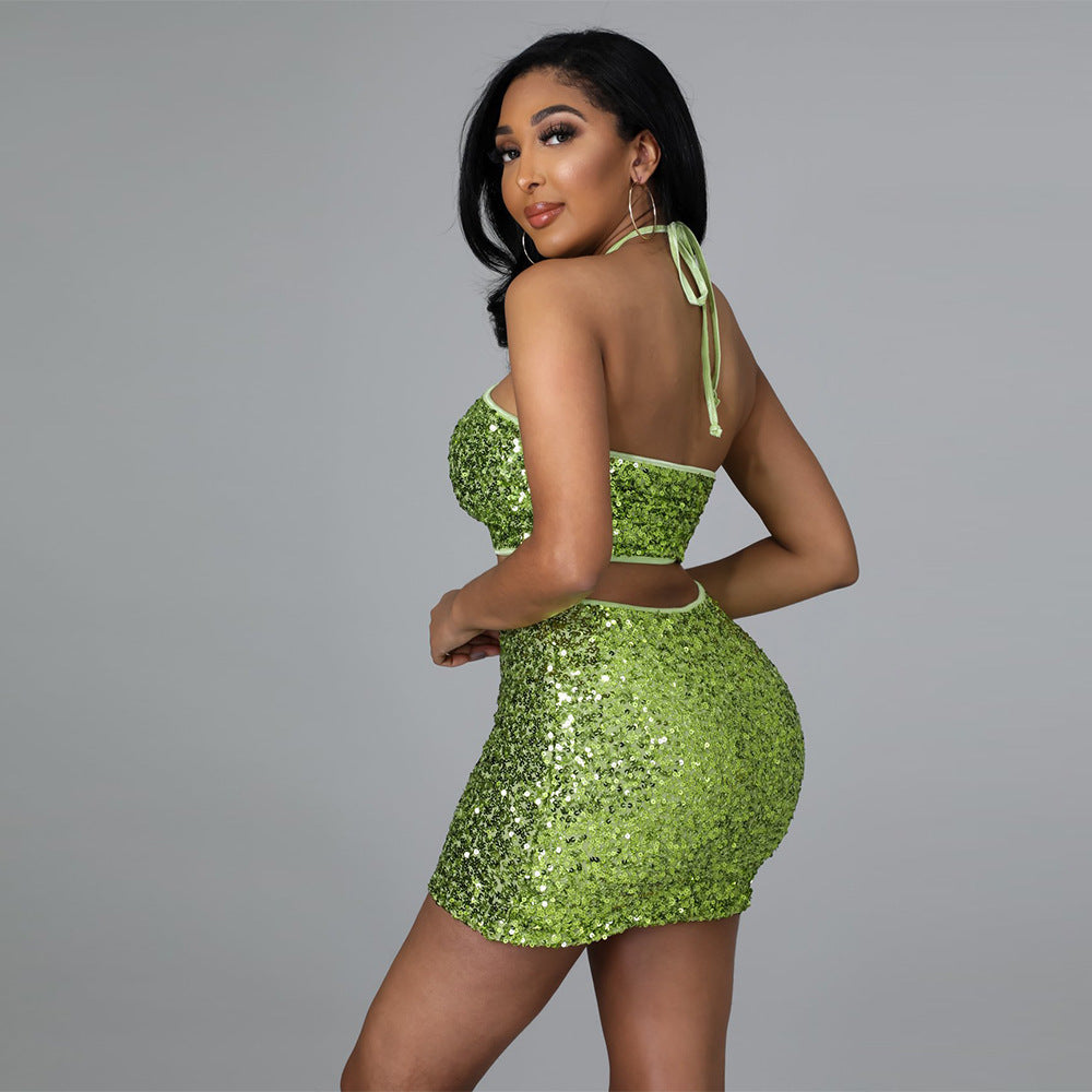 Two-piece Suit With Halter Neck Tie Short Top And Skirt