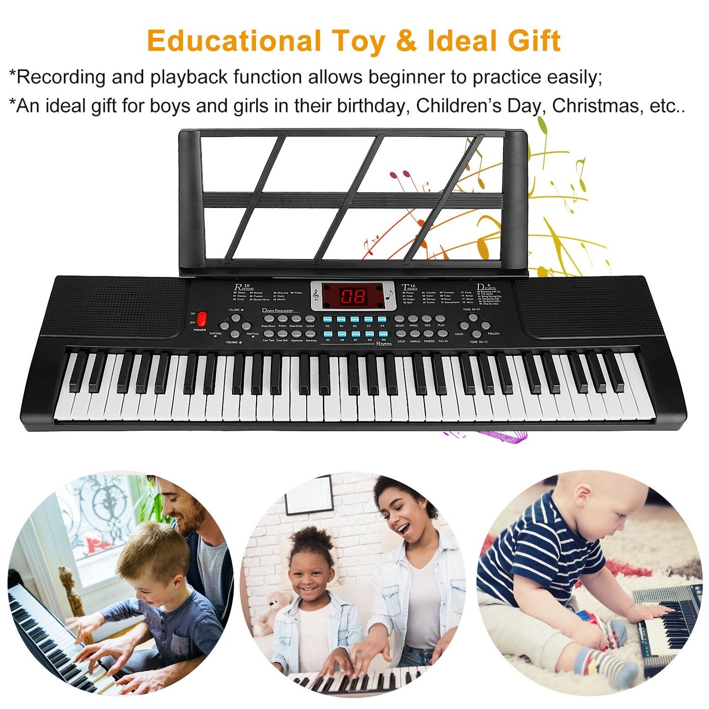 Electronic keyboard with music stand and educational text about its features and uses.