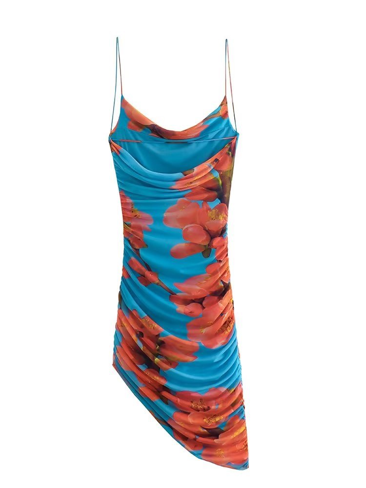 Women's Clothing Pleated Print Silk Net Dress