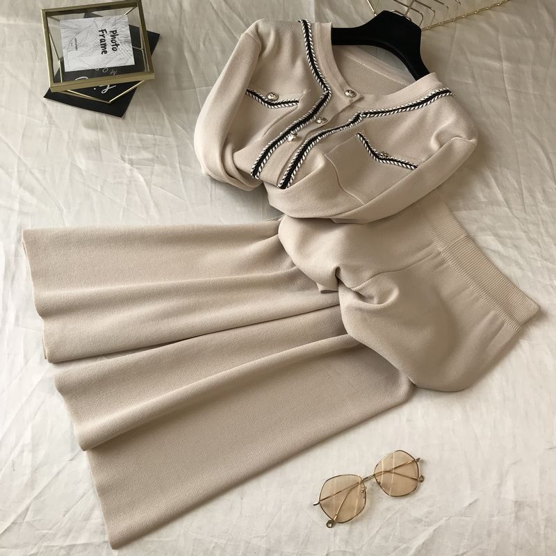 Two Piece Round Neck Knitted Cardigan Top And Wide-leg Pants