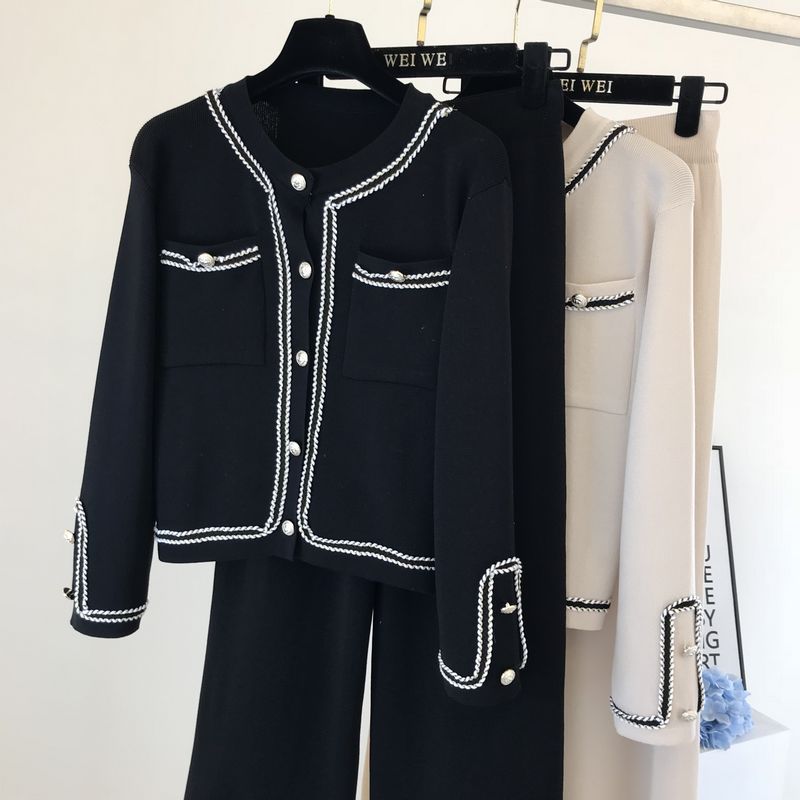 Two Piece Round Neck Knitted Cardigan Top And Wide-leg Pants