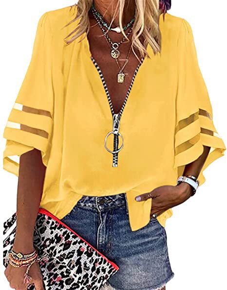 V-neck Zipper Shirt Half Bell Sleeve Mesh Stitching Shirt