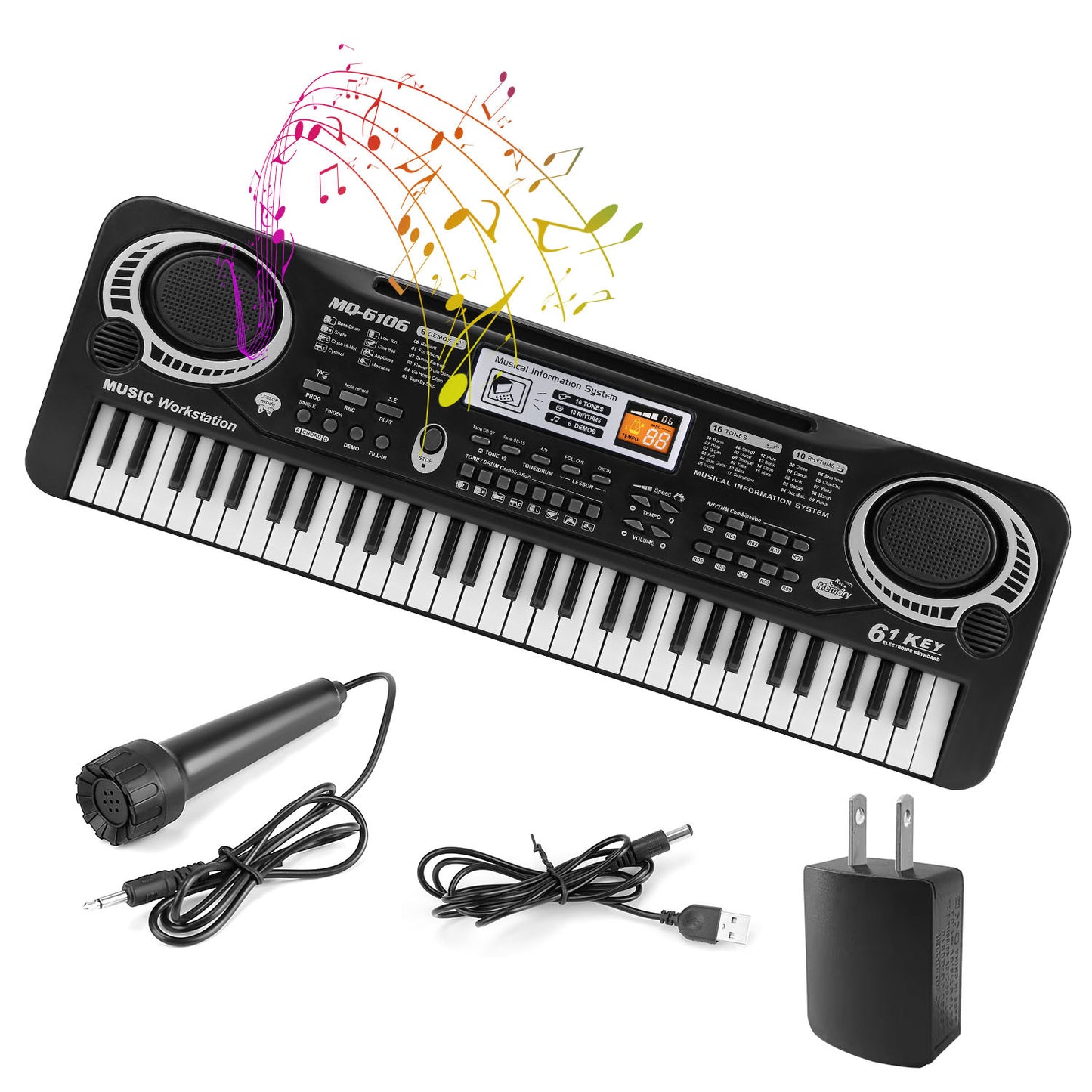 Electronic keyboard with microphone, cable, and power adapter on a white background