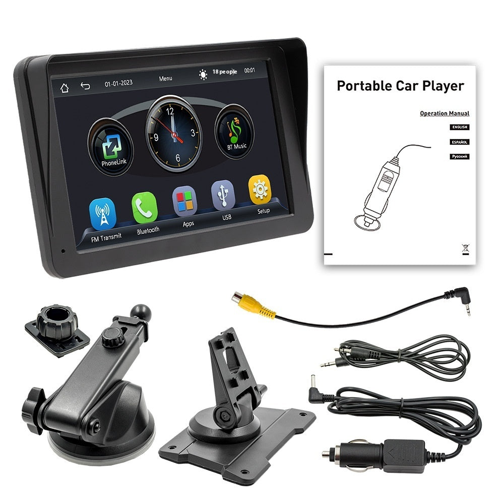 Portable car player with mounting accessories and operation manual on a white background