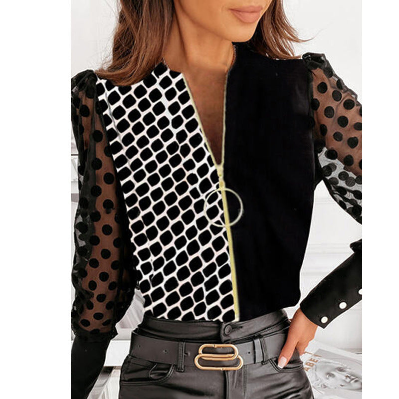V Neck Stitching Long Sleeved T Shirt Top Chiffon Shirt