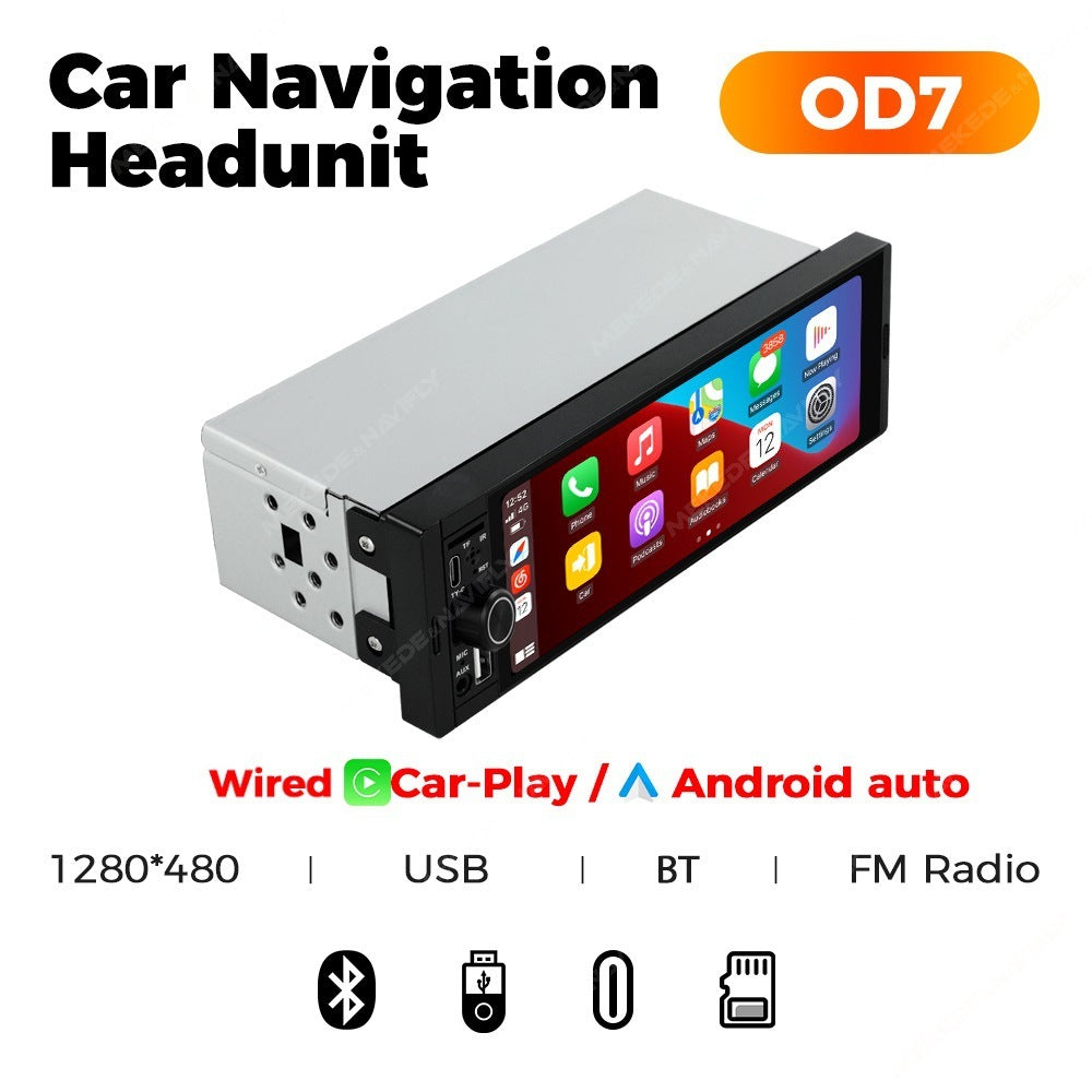 Car navigation headunit with display and various connectivity options on a white background