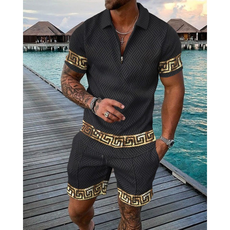 Men's Casual Striped Zip Short Sleeve Suit