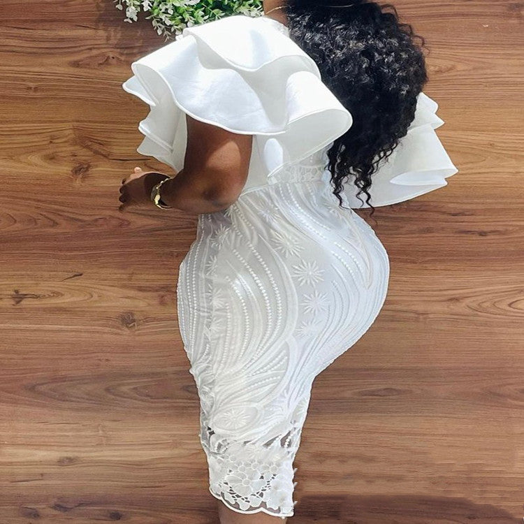 Ladies Slit Solid Color One Neck White Dress