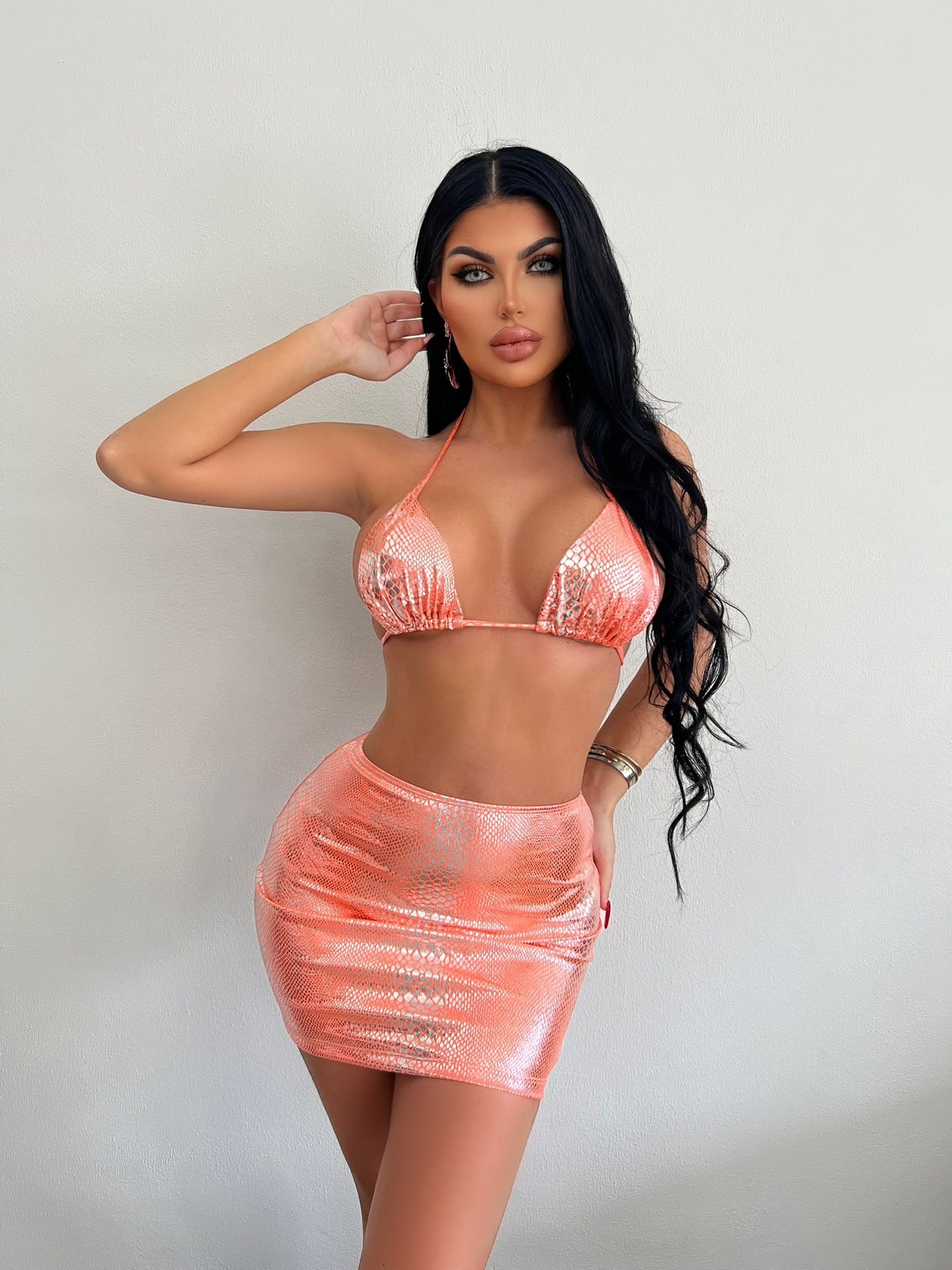 Vroue se 3-delige baaipakke Halter Slang Patroon Bikini Stel Met Bedekking Rok Somer Swempak