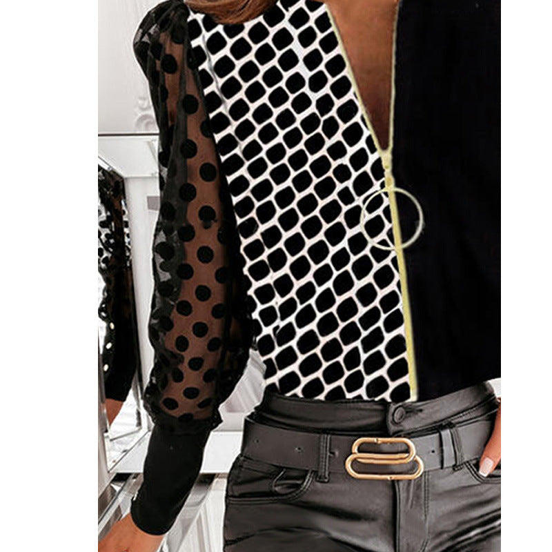 V Neck Stitching Long Sleeved T Shirt Top Chiffon Shirt