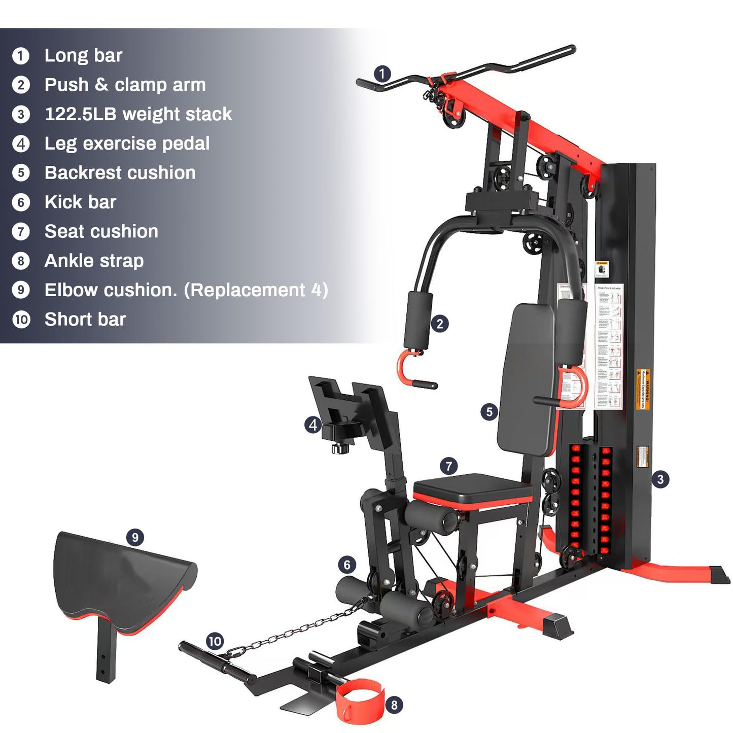 Gym equipment with features listed on a gray background