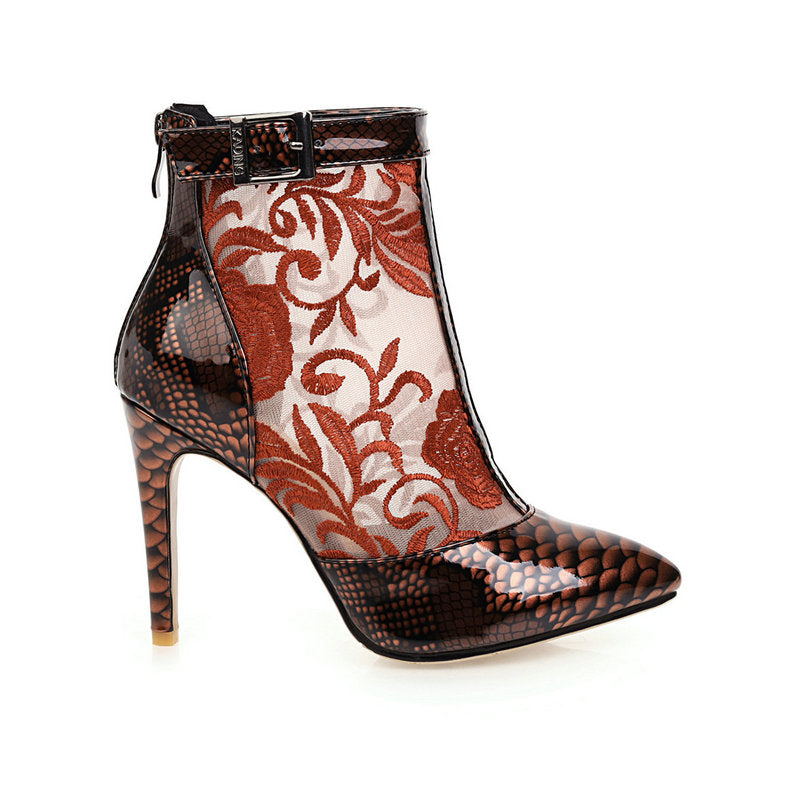 Pointed Ankle Boots Ladies Fashion Printed Shoes Thin Heel Buckle Zipper