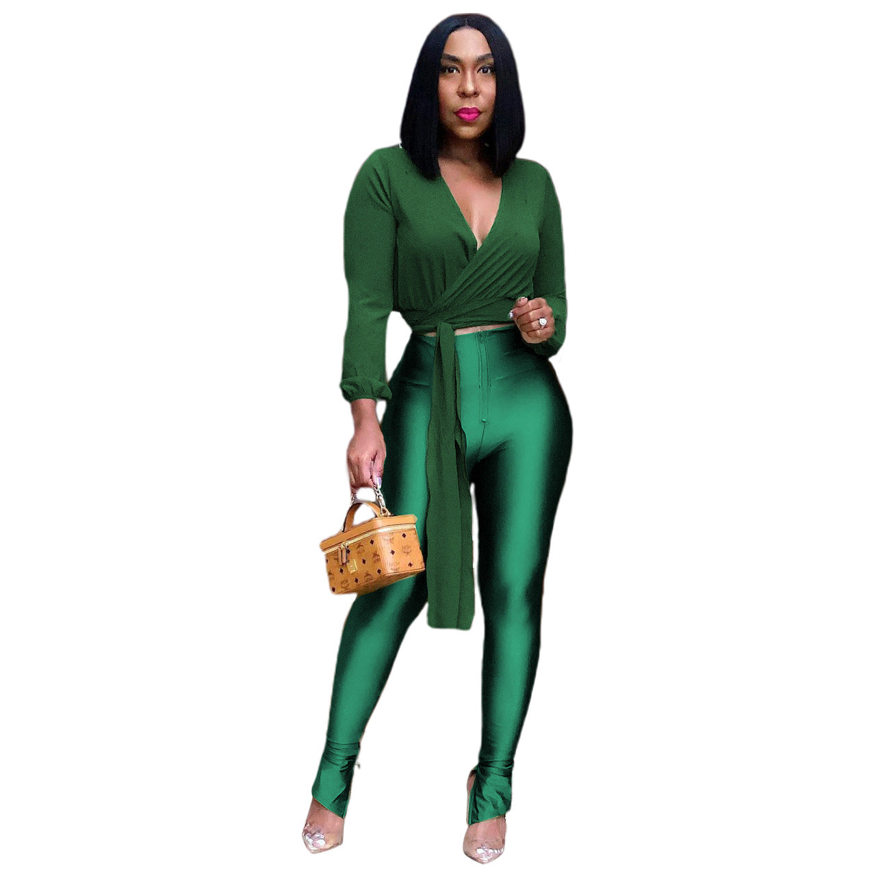 Women's Chiffon Top And Metal Pants Two Piece Set