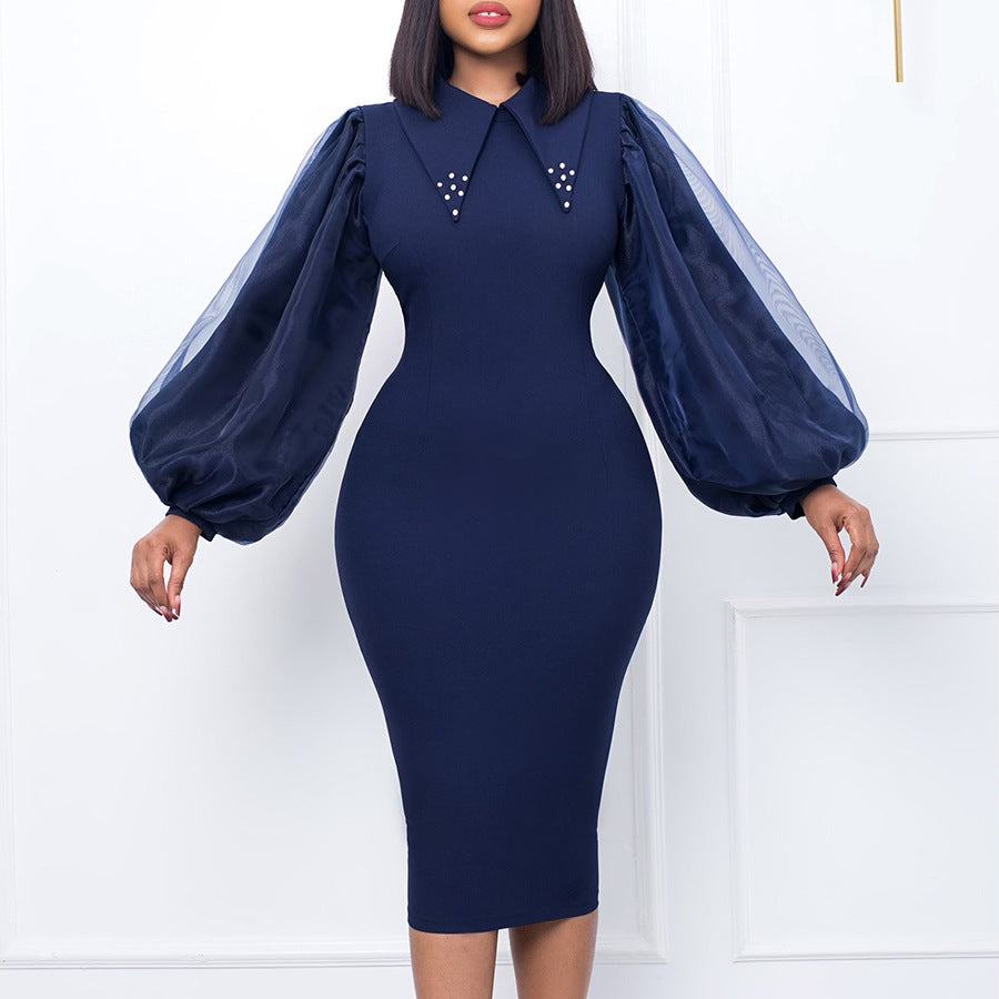 Women's Clothing Spring And Autumn Long Sleeve Large Size Sheath Beaded Mesh Stitching Ol Pencil Skirt