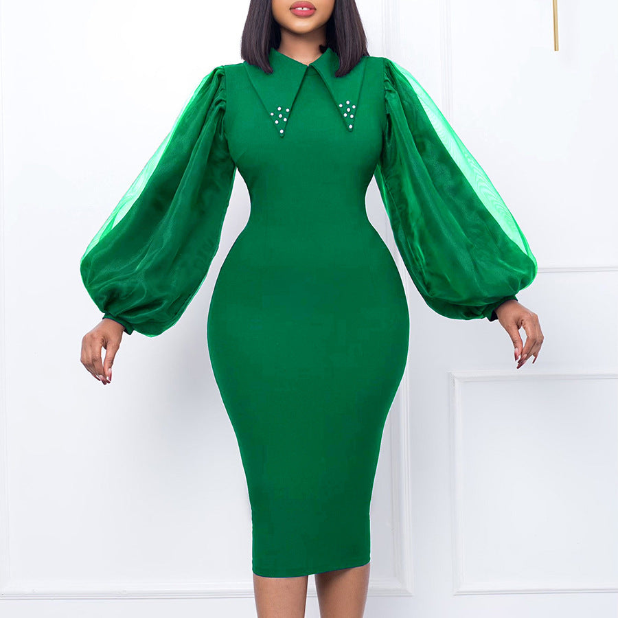Women's Clothing Spring And Autumn Long Sleeve Large Size Sheath Beaded Mesh Stitching Ol Pencil Skirt