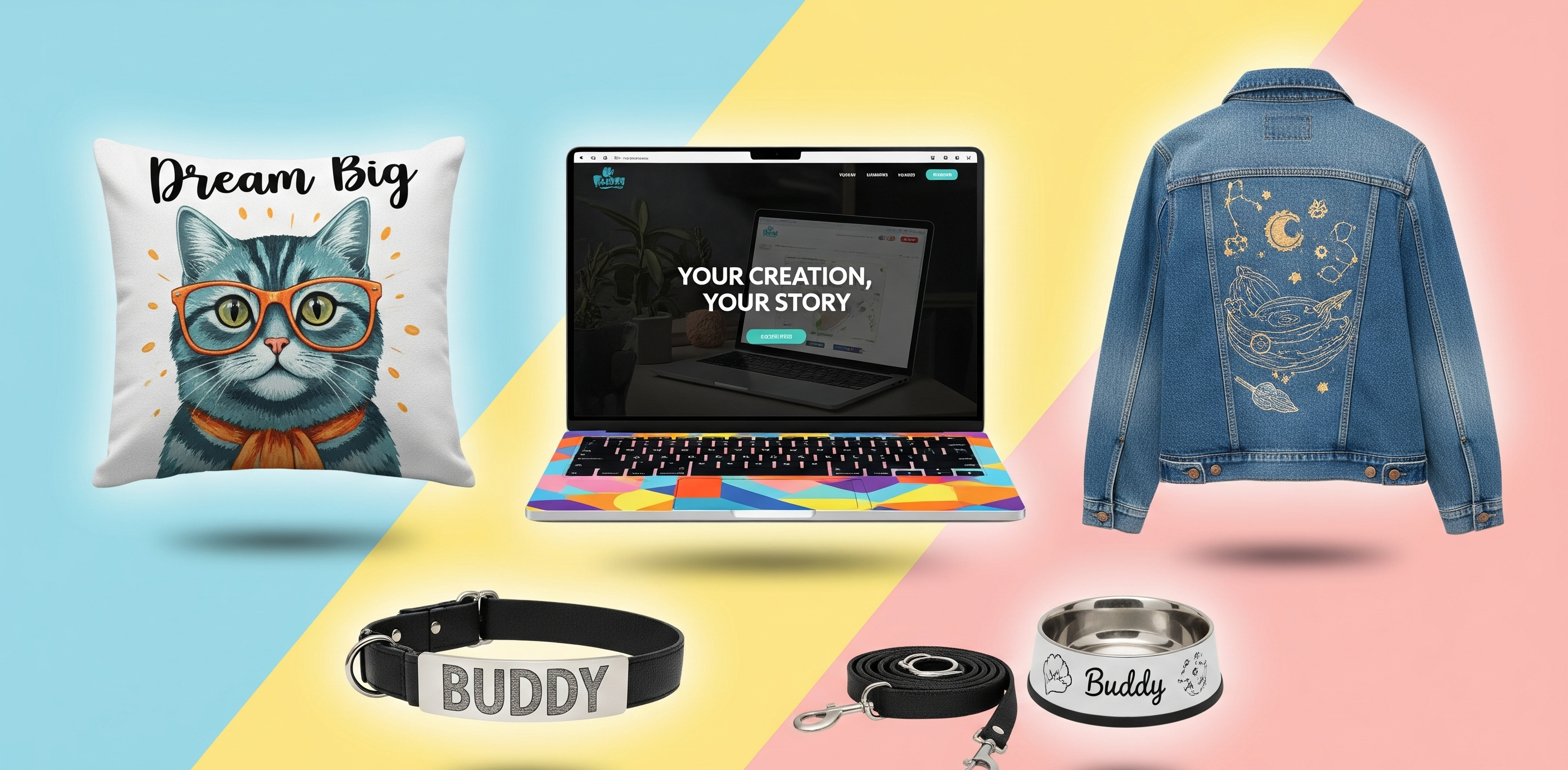 Collection of personalized products including a pillow, laptop, jacket, dog collar, leash, and bowl on a colorful background.