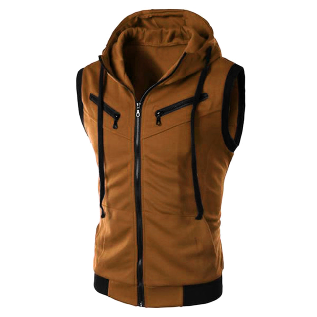 Summer New Men Hooded Sleeveless Vest Solid Color