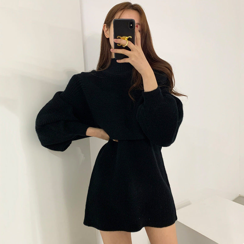 Women's Fashion Knitted High Neck Undershirt Dress Set