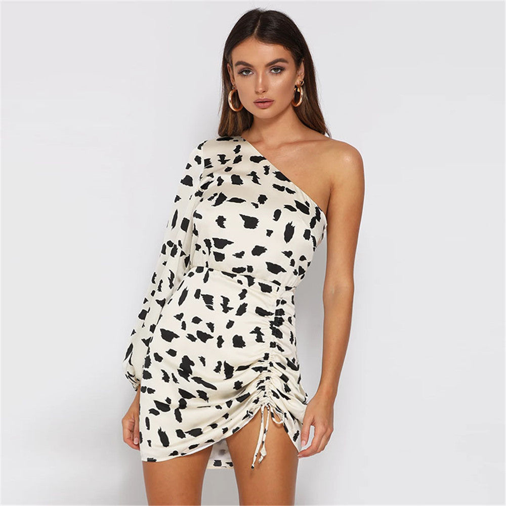 Women's Clothing Socialite Cows Pattern Skirt Slim-fit Oblique Shoulder Dress