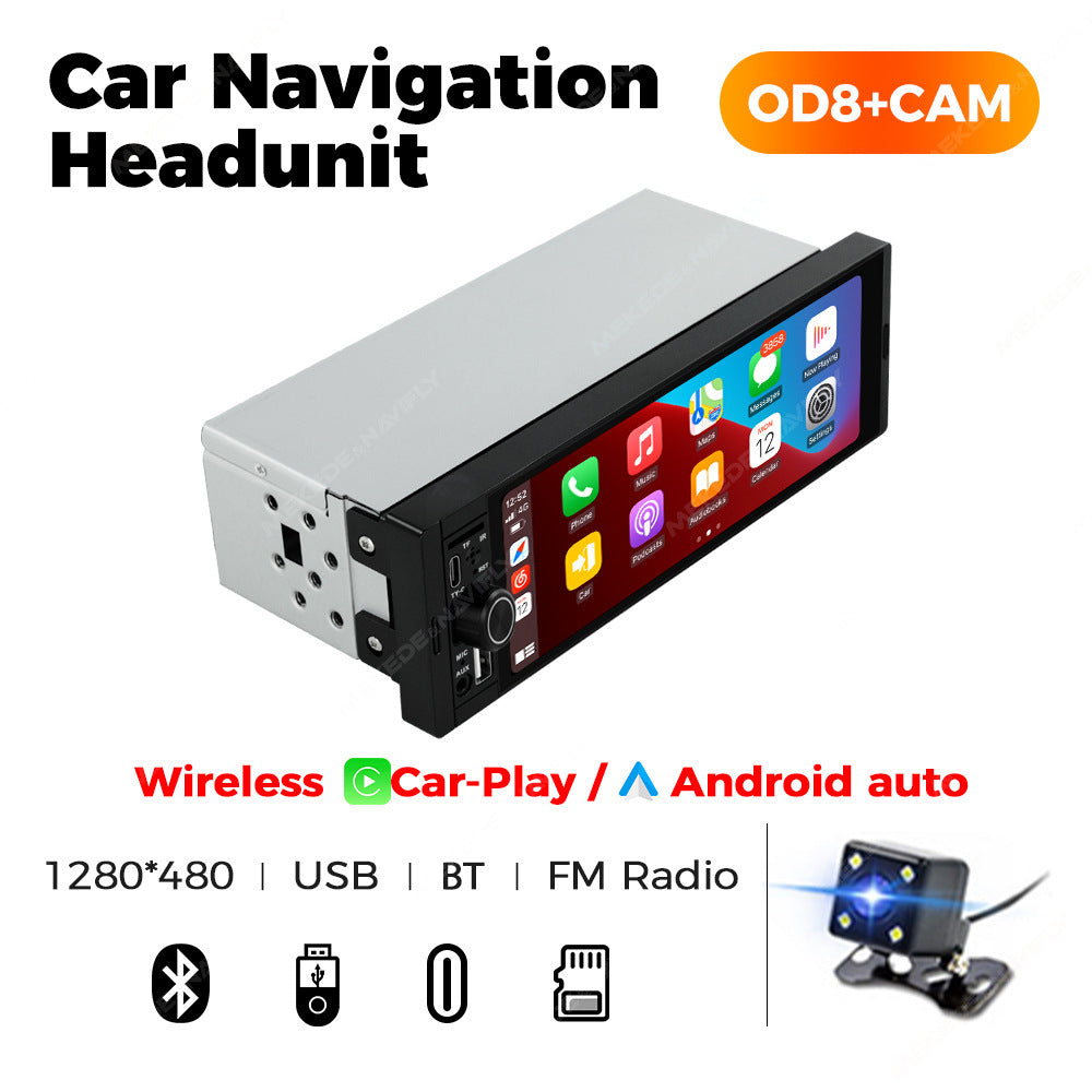 Car navigation headunit with screen displaying app icons on a white background