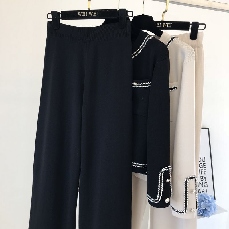 Two Piece Round Neck Knitted Cardigan Top And Wide-leg Pants