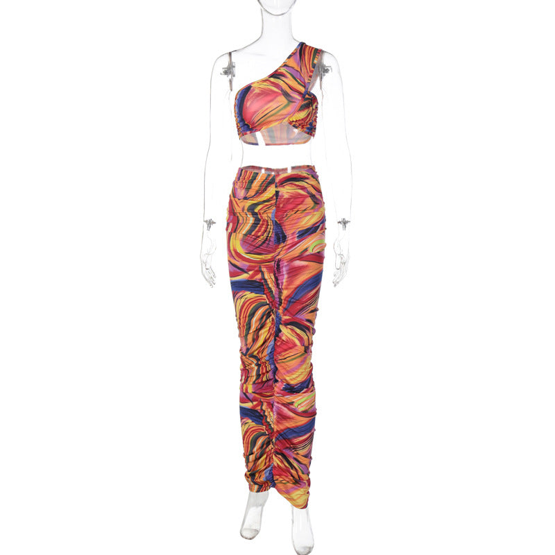 Printed Pleated Slim Dress Suit For Women