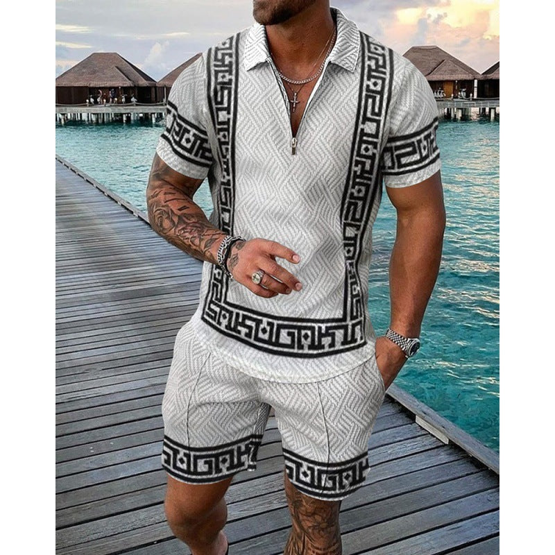 Men's Casual Striped Zip Short Sleeve Suit