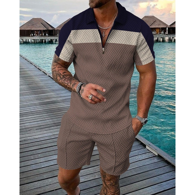 Men's Casual Striped Zip Short Sleeve Suit