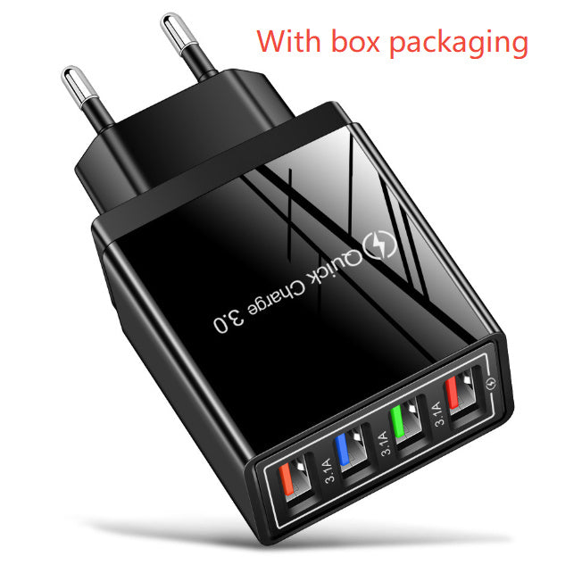 Black USB charger with multiple output ports on a white background