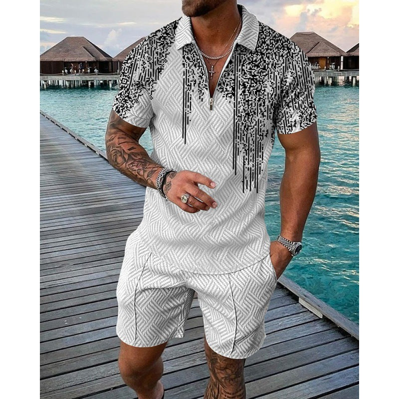 Men's Casual Striped Zip Short Sleeve Suit