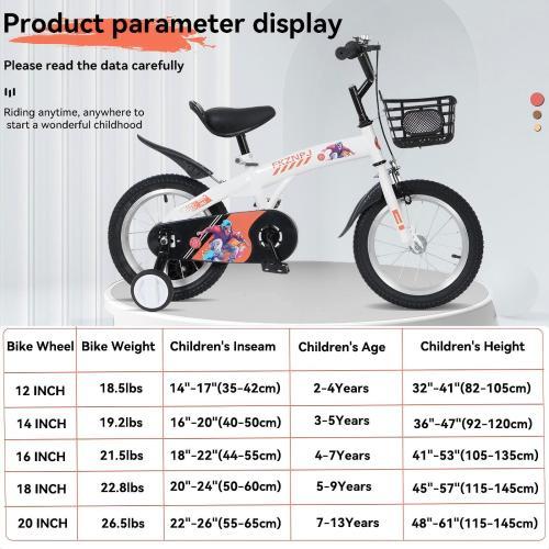 Children's bicycle with a basket on a white background, accompanied by a product parameter table.