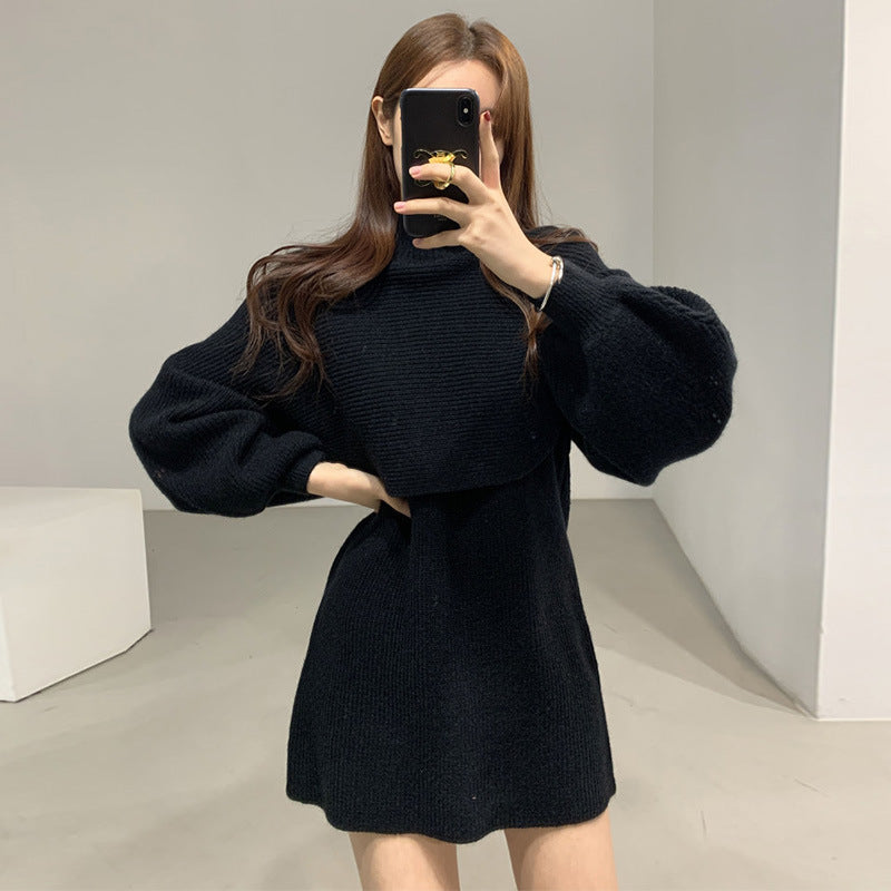 Women's Fashion Knitted High Neck Undershirt Dress Set