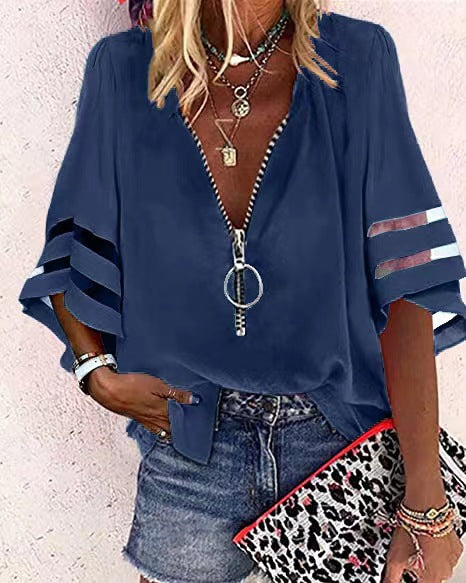 V-neck Zipper Shirt Half Bell Sleeve Mesh Stitching Shirt